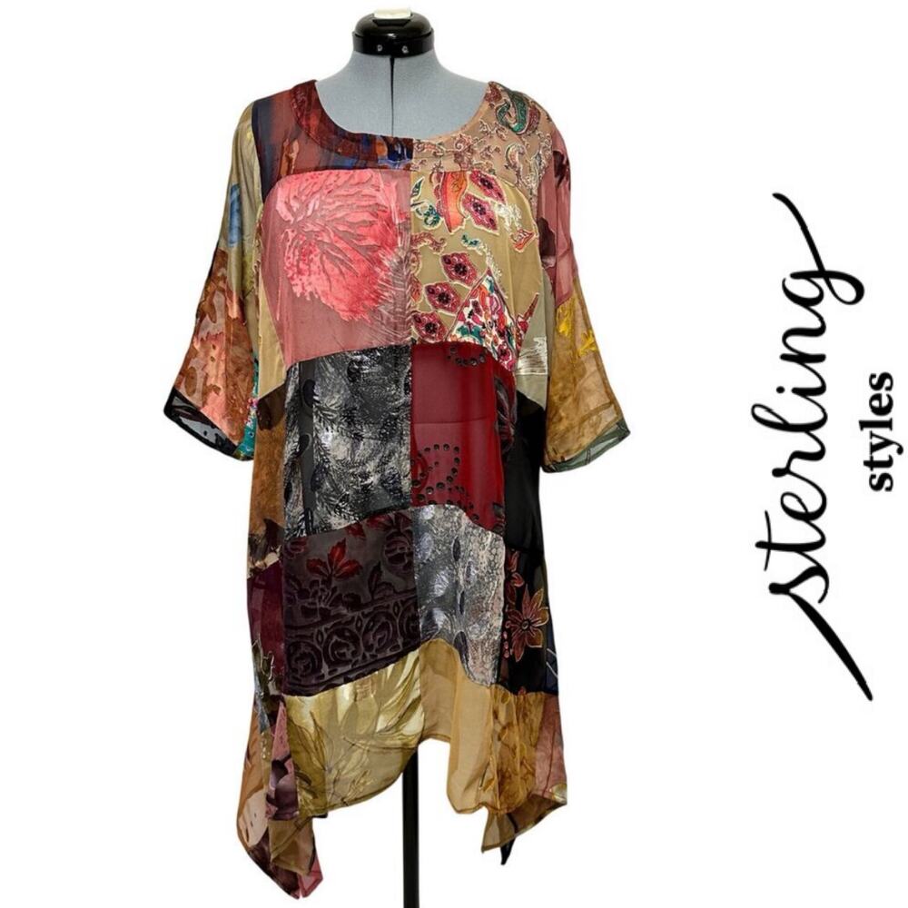 Sterling Styles Art Silk Velvet Burnout Patchwork Tunic Top Boho Art to Wear OS - Picture 8 of 8